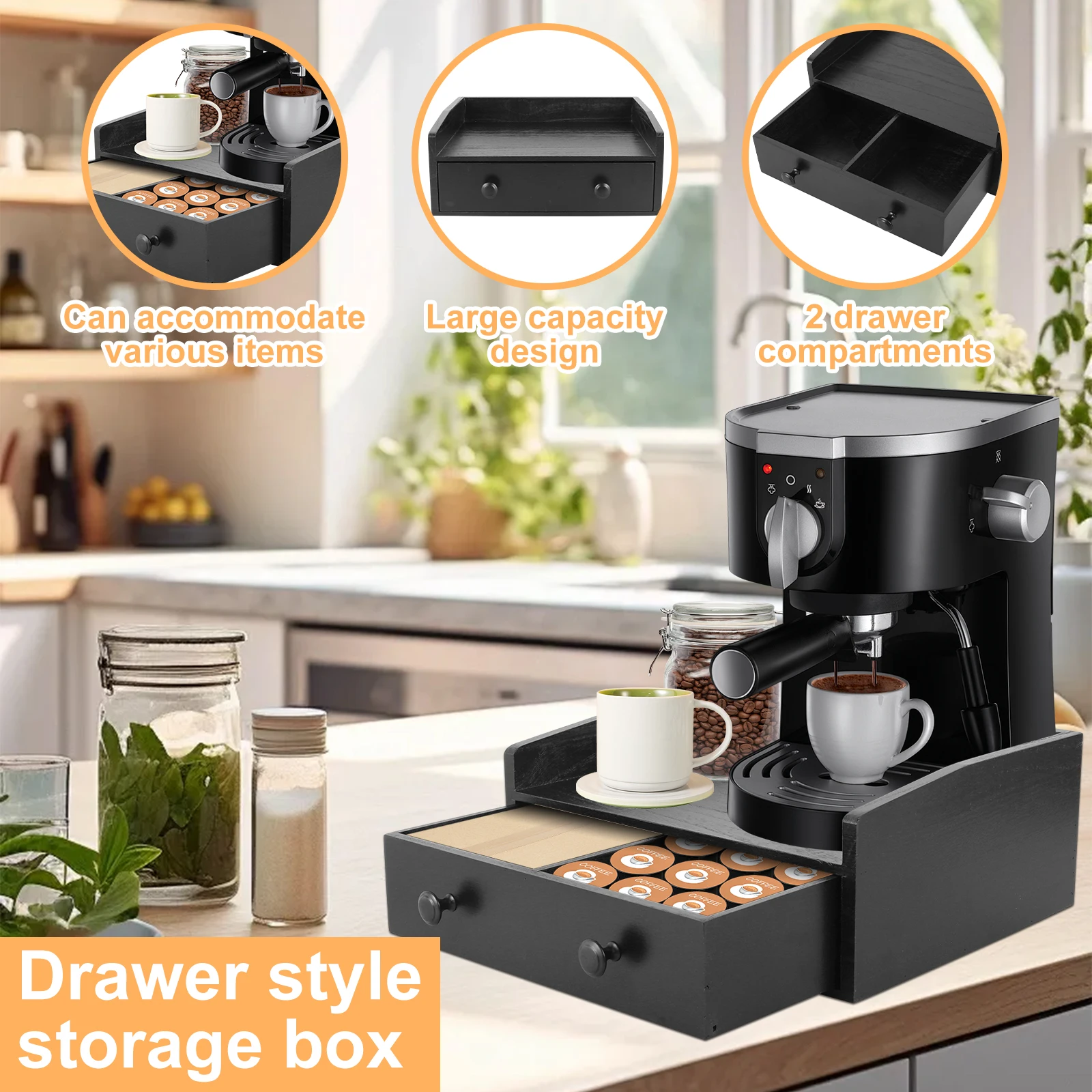 Wooden Coffee Rack Countertop Coffee Bar Organizer with Drawer Large Capacity  Vintage Coffee Organizer Station for Home Office