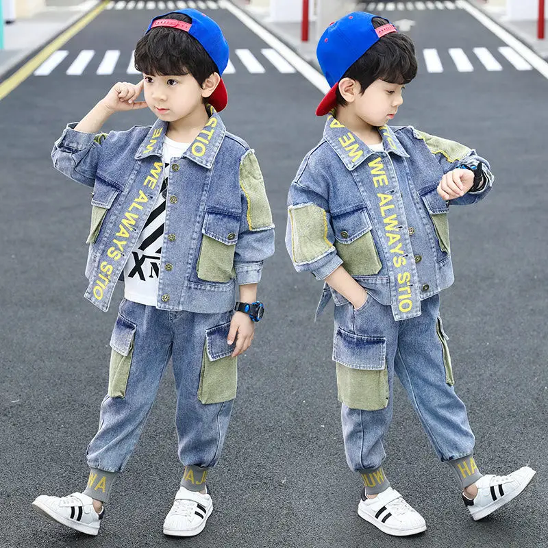 Spring Autumn 2 Piece Suit Casual teen Boys Letter Clothes Set Kid jacket Top + Denim Pants set 6 8 10 12 14 years