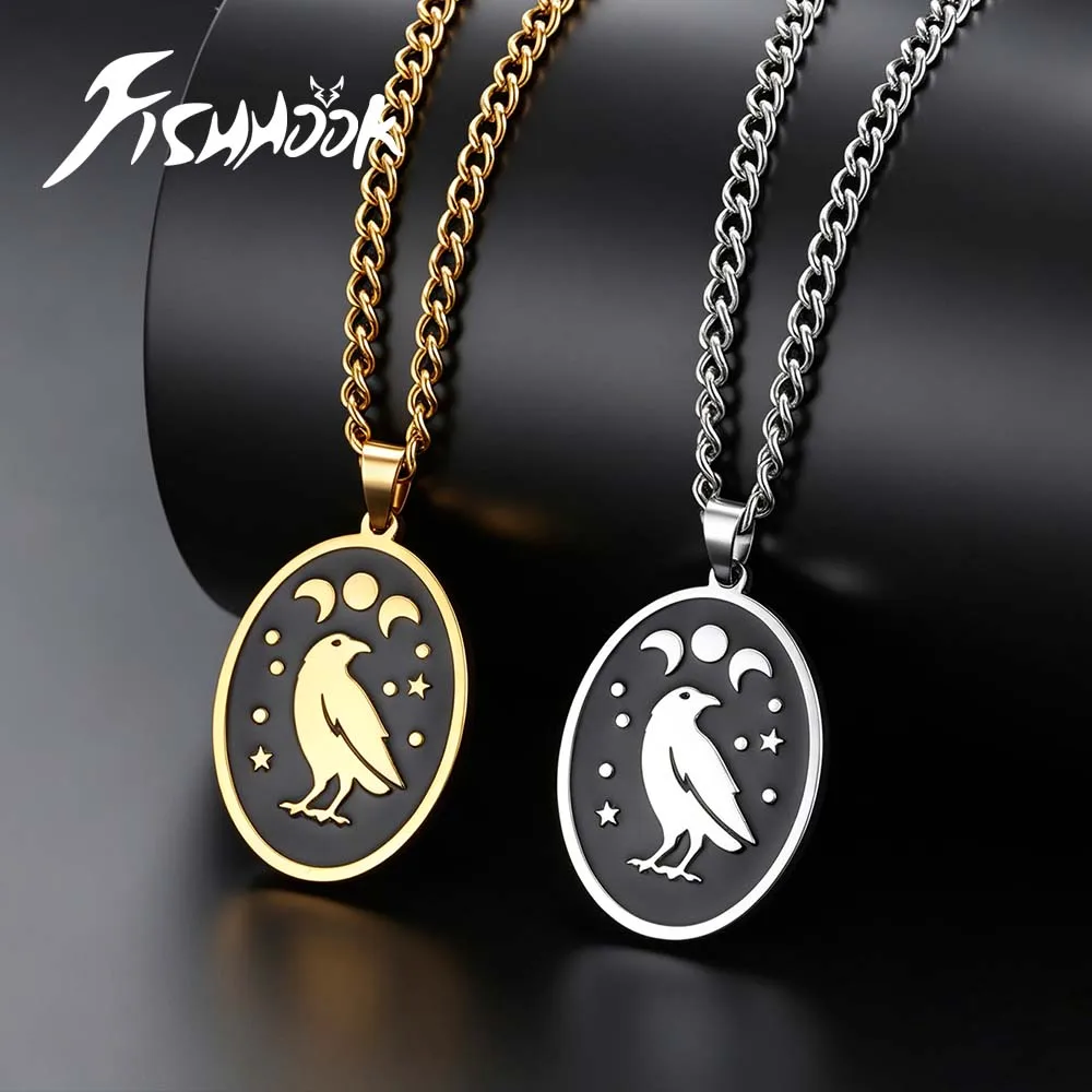 Raven Gothic Witch Crow Moon Star Oval Pendant Necklace Gift for Woman Men Couple Friend Chain Pendant Stainless Steel Jewelry
