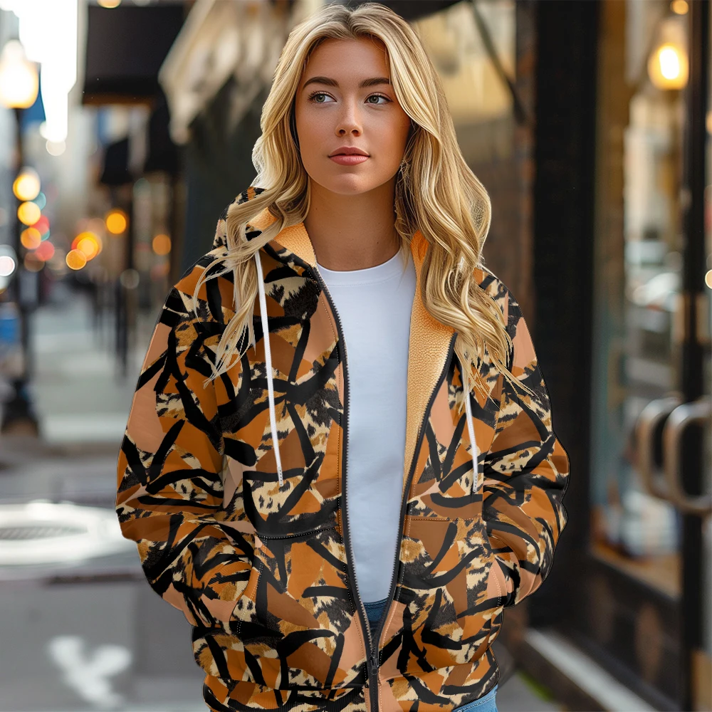 Abstract Camo Women Jackets Coats Printed Zip Up Hoodie Plush Thick Winter Hunting ​Warm Streetwear Motorcycle Outwear Clothing
