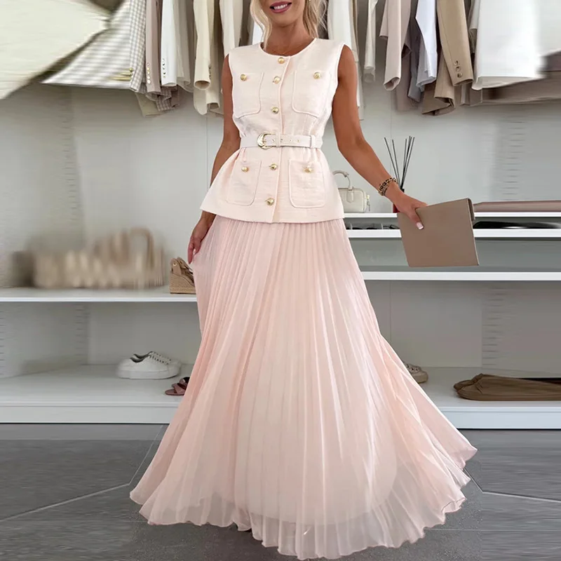 

Spring Summer Sleeveless Vest Mesh Half Skirts Office Lady Suit Women Elegant Solid Color Commute Outfits Fashion Casual 2pc Set