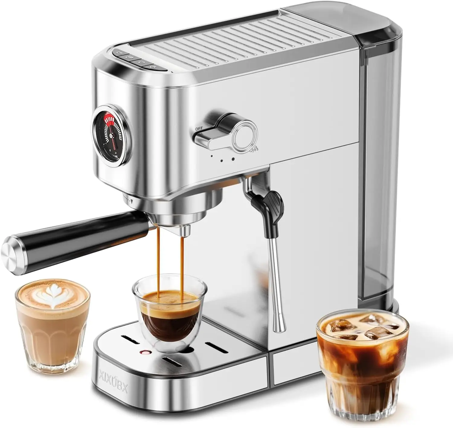 

Compact Espresso Machine with Milk Frother, 20Bar Pressure for Rich Coffee, Stainless Steel Design, Home & Office Use