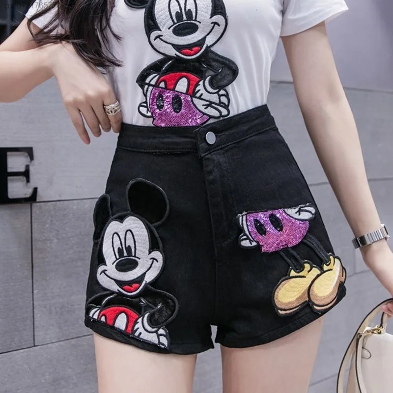 Disney Mickey Embroid Sequins 2 Piece Denim Shorts Sets For Women Y2k Tops New Summer Denim Shorts Oversize Slim Zipper Pants