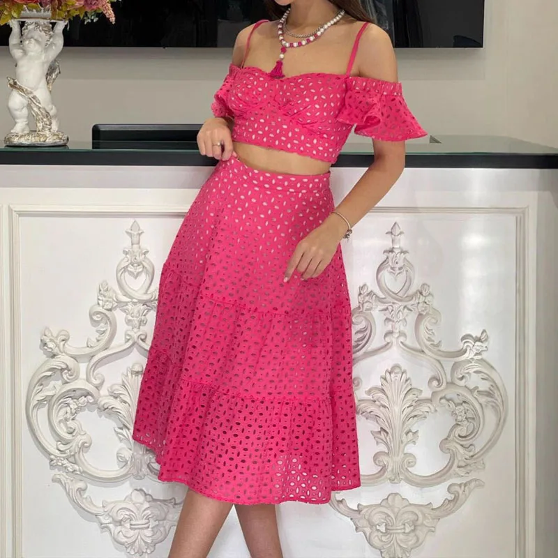 Fashion Hight Waist Solid 2 Pc Outfits Women Elegant Embroidery Hollow Skirt Set Sexy V-neck Short Sleeve Top & Half Skirt Suit