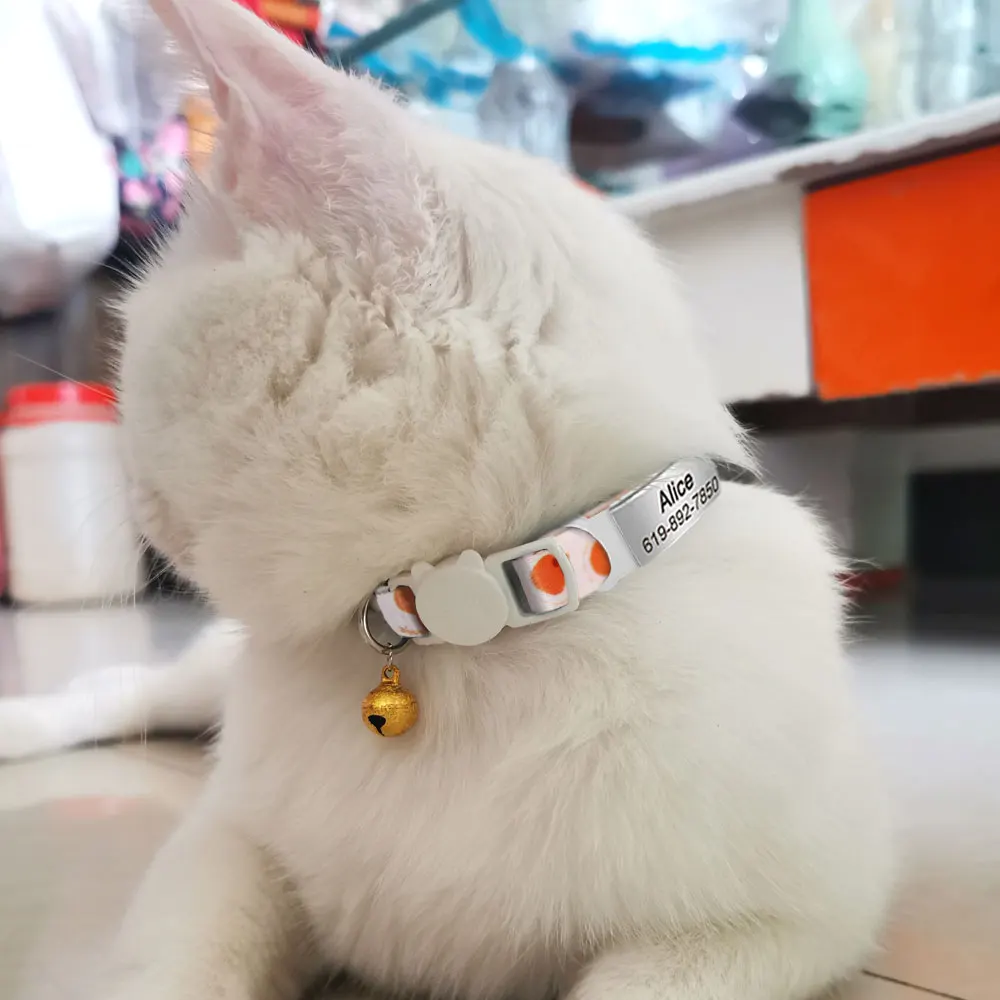 Personalized 1cm Width Cat Collar with Bell Safe Breakaway Cats Collars Quick Release Cute Necklace Free Engrave For Cats Kitten