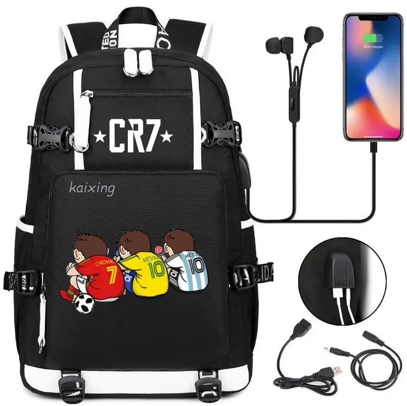 Fashion CR7 Backpack USB Charging School Bag 15.6 Inch Laptop Backpack Female Male Book Bag Bagpacks Waterproof Teens Back Pack