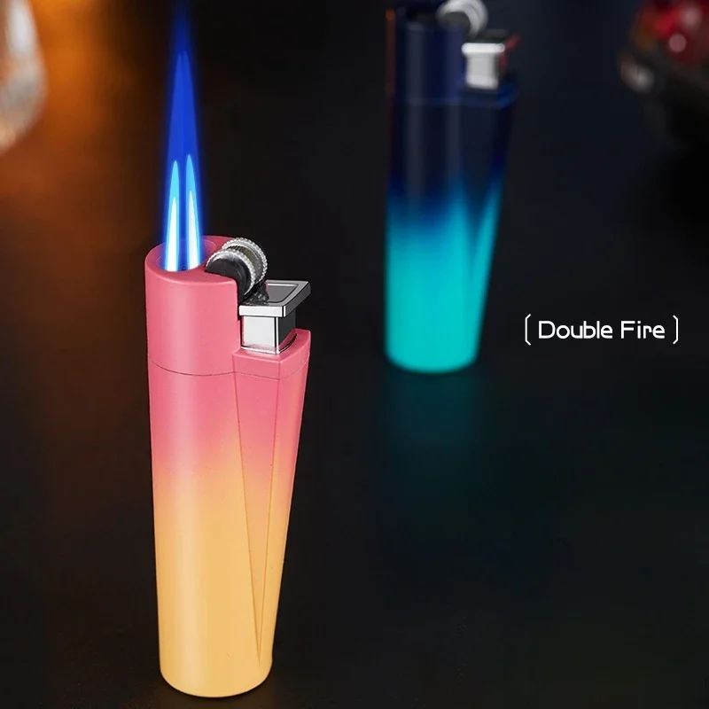 2023 New Portable Lighters Compact Dual Flame Butane Torch Lighters Grinding Wheel Windproof Metal Igniters Smoking Accessories