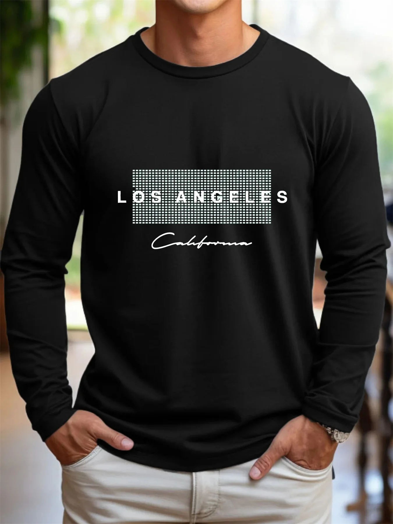 100% Pure Cotton Men's Long Sleeved Round Neck Loose Casual Los Angeles Letter Printed Spring and Autumn Versatile T-Shirt Top