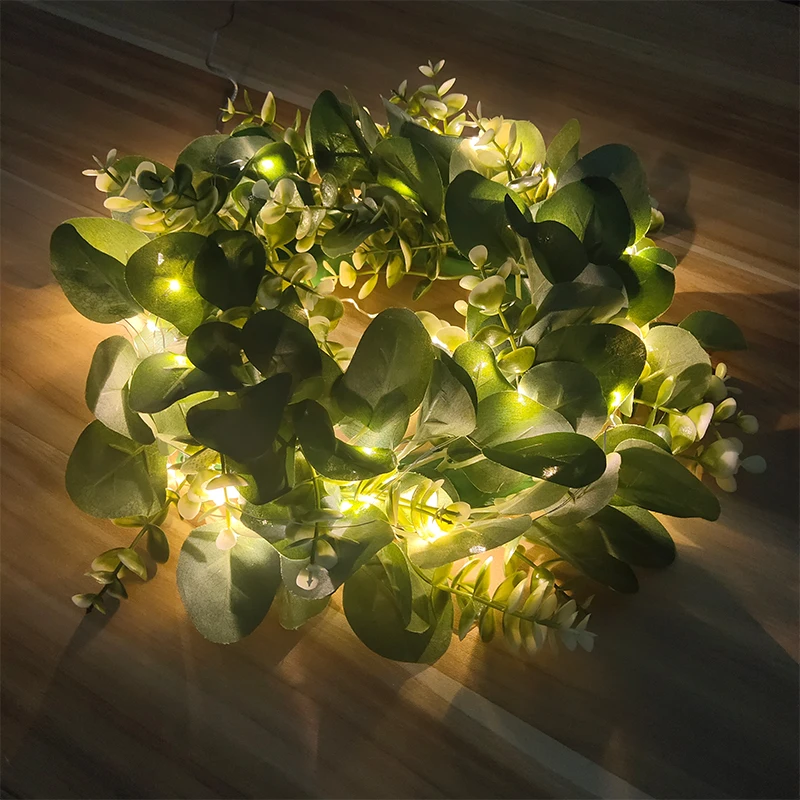 LED luminous Eucalyptus Wreath Spring Summer Greenery light up Wreaths for Front Door Indoor/Outdoor Porch Patio Decoration