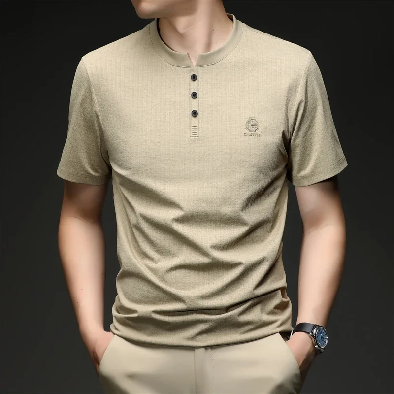 Mens Button Placket V Neck Short Sleeve T Shirt Solid Basic Style For Everyday Work Travel And Casual Outings All Season Use view 5