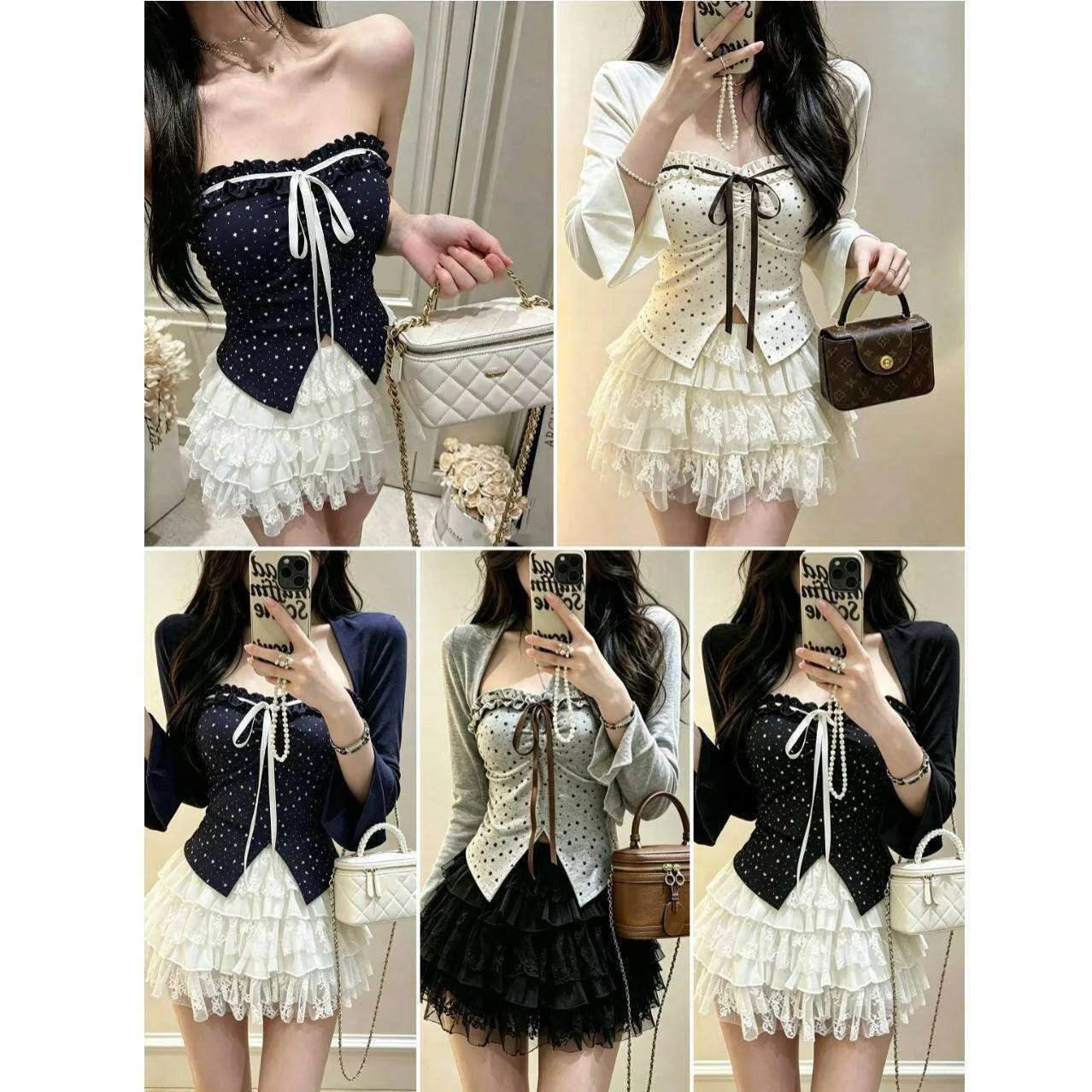 Sweet  Knot Tie-Belted Top Coat Lace Long Sleeve Women's Three-Piece Set with Chest Pad Initial Autumn Outerwear Skirt