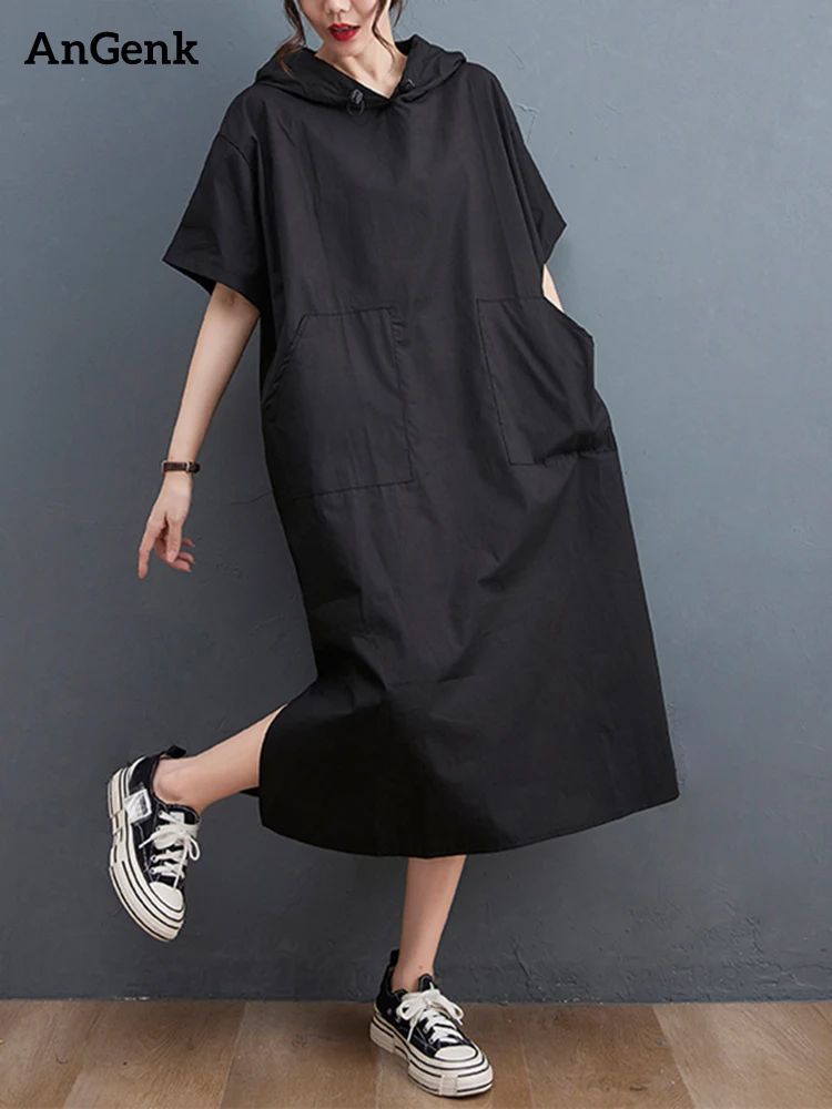 Black Vintage Oversized Dresses For Women New Hoode Short Sleeve Loose Casual Long Summer Dress Fashion Elegant Clothing 2024