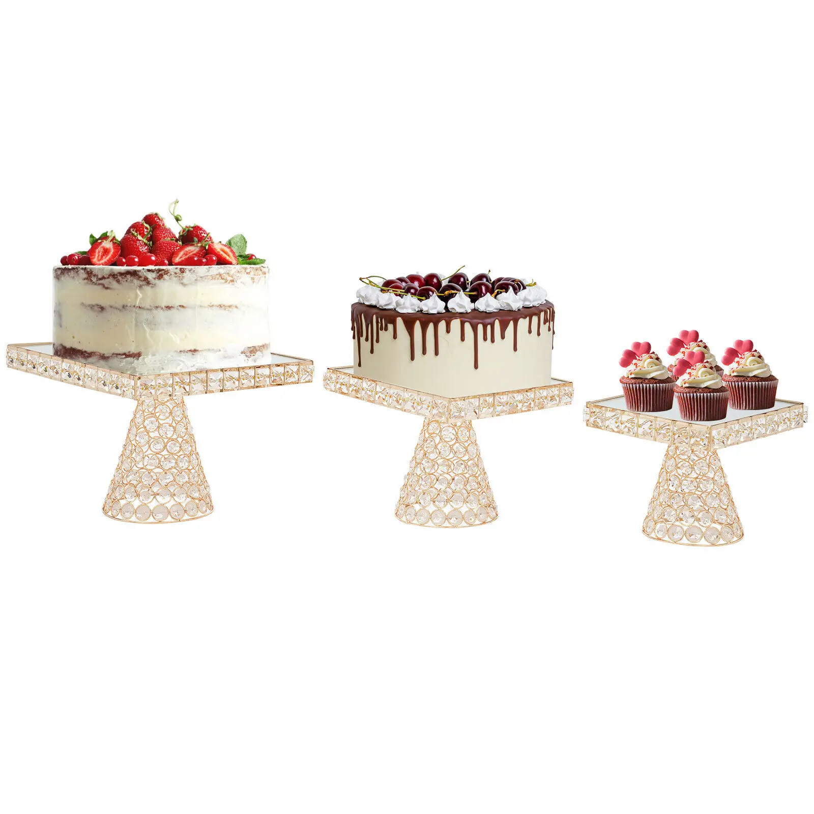 3pcs Gold Cake Stand Square Cupcake Stand Wedding Party Pastry Tray Plate Kits