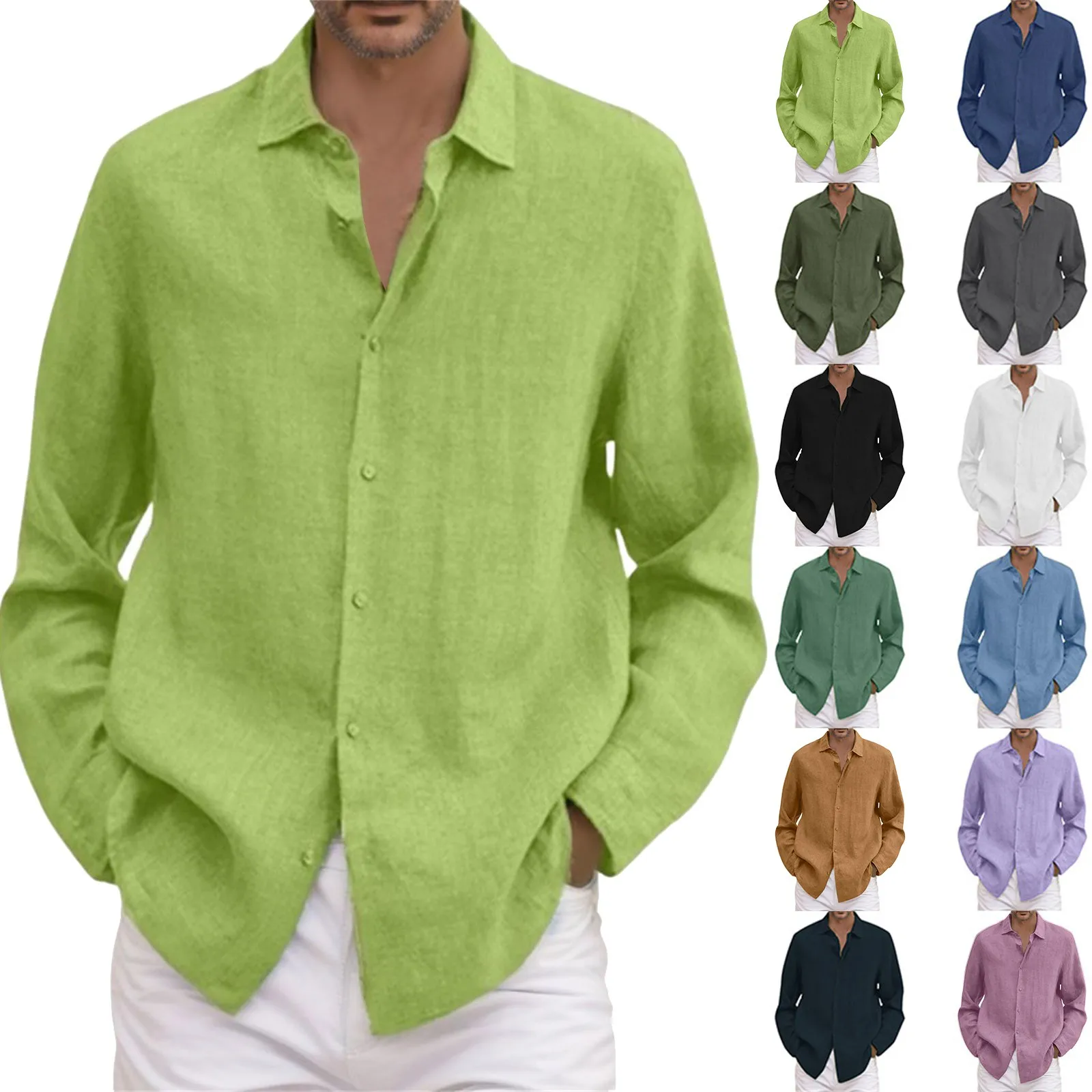Spring Linen Men Causal Shirts Fashion Business Office Loose Lapel Long Sleeve Tops Beach Vintage Solid Color Button Clothing