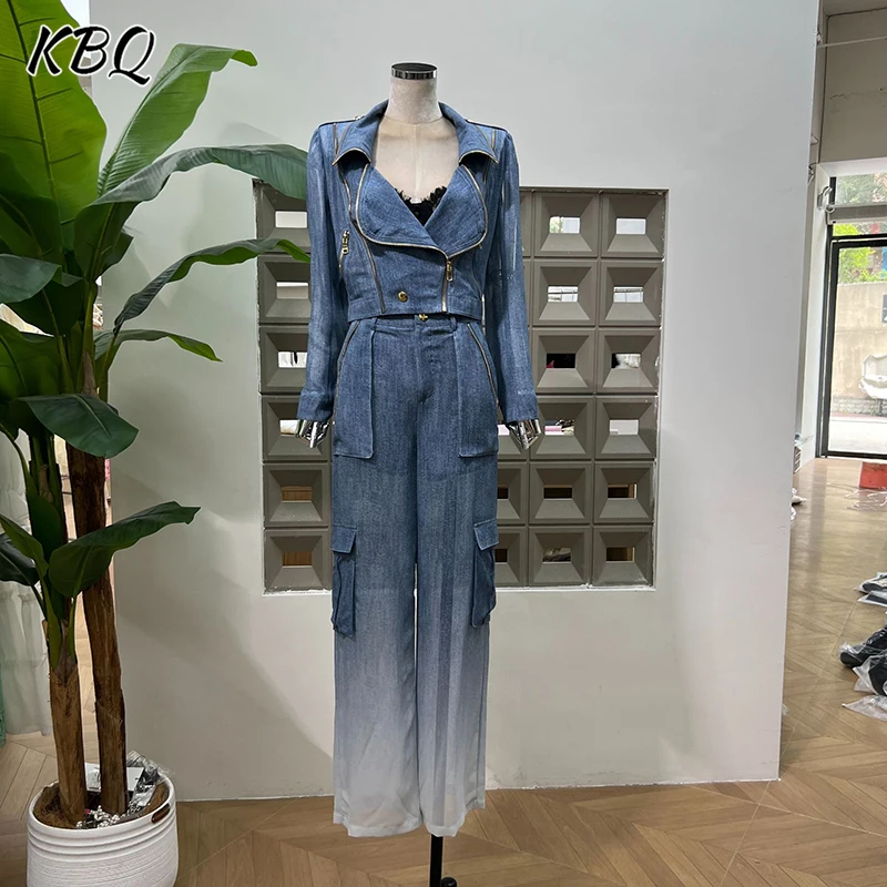 

KBQ Causal Two Piece Sets for Women Lapel Long Sleeveless Short Tops High Waist Loose Trouser Minimalist Set Female Autumn New