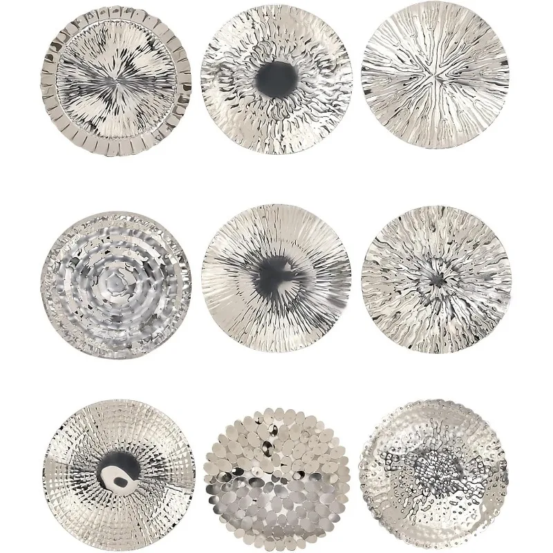 

79 Stainless Steel Metal Plate Home Wall Decor Wall Sculpture with Hammered Design, Set of 9 Wall Art 16"D, Silver