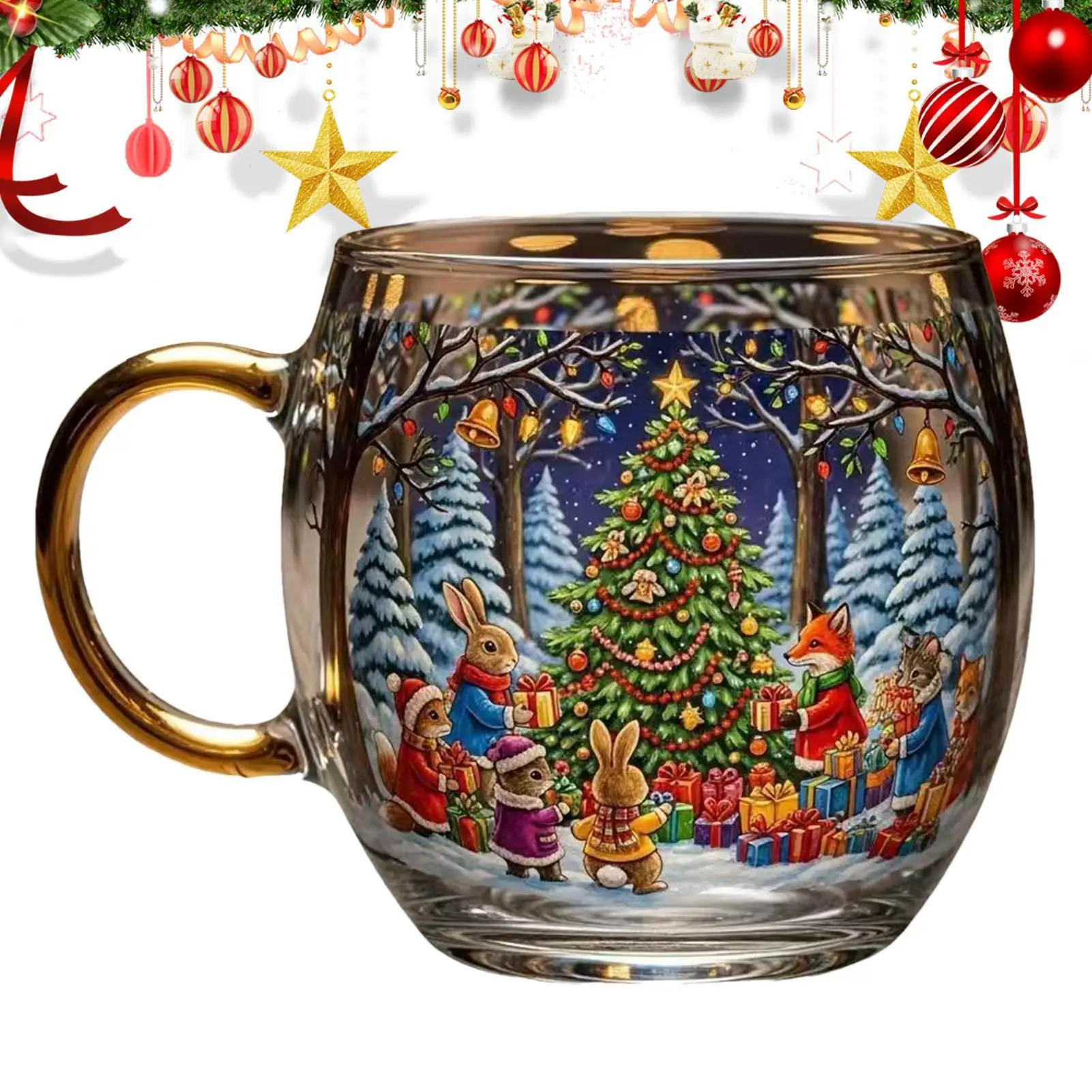 

Painted Glass Christmas Mug 10oz Funny Coffee Tea Decorative Cup With Snowflakes Elk Christmas Trees For Christmas Gifts