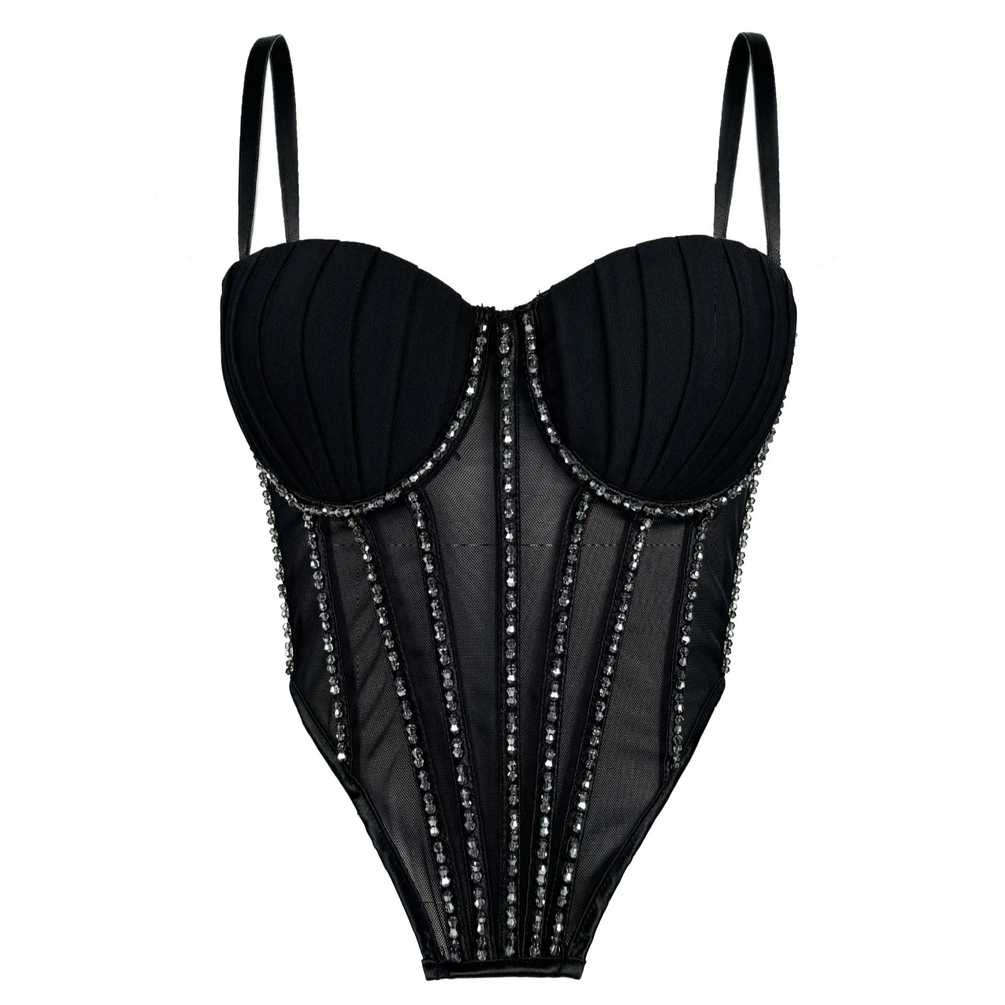 Sexy Sheer Mesh Bustier Top Push Up Padded Removable Strap Corset Bralette with Rhinestones Boned Waist Cincher for Women