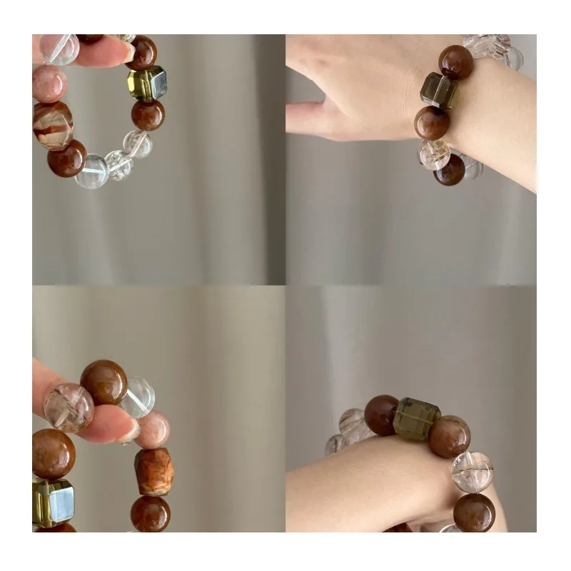 

New Autumn and Winter Black Gold Super Seven Glue Flower Beaded Bracelet Maillard Color Light Luxury Atmosphere Versatile Temper
