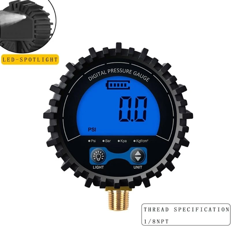 Gas Pressure Gauge for w/ Blue Background Light Accuracy 1% 200psi Battery Powered Multiple Units Psi/Kpa/Bar/kgf cm² 1/