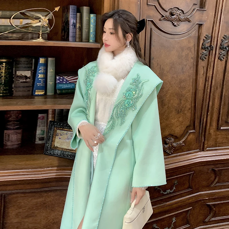 

High-End Double-Sided Camere Coat Women's Loose Fit Autumn Winter Outerwear Korean Sle Embroidery Diamond Lace Chain