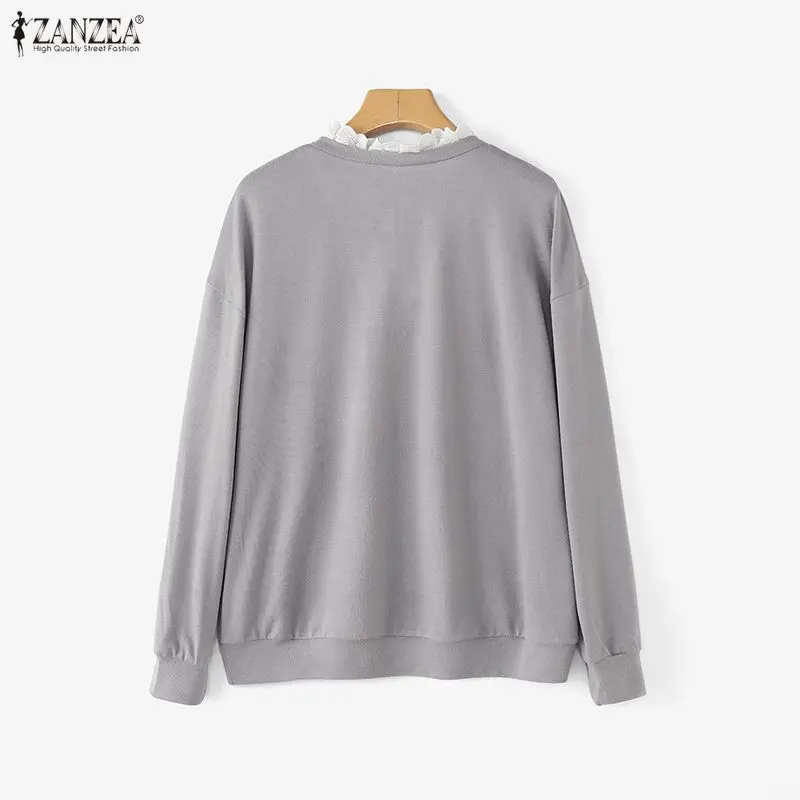 ZANZEA سترات نسائية للخريف بأكمام طويلة بلوفرات محبوكة موضة الربيع غير رسمية برقبة على شكل حرف v دانتيل مرقع ملابس خروج فضفاضة تريكو