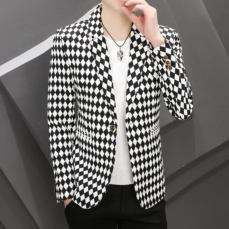 New 2024 Spring Autumn Casual Men's Slim Fit Plaid Suits & Blazers Coat Single Botton Small Suit Outwear Top Checker Thin Jacket