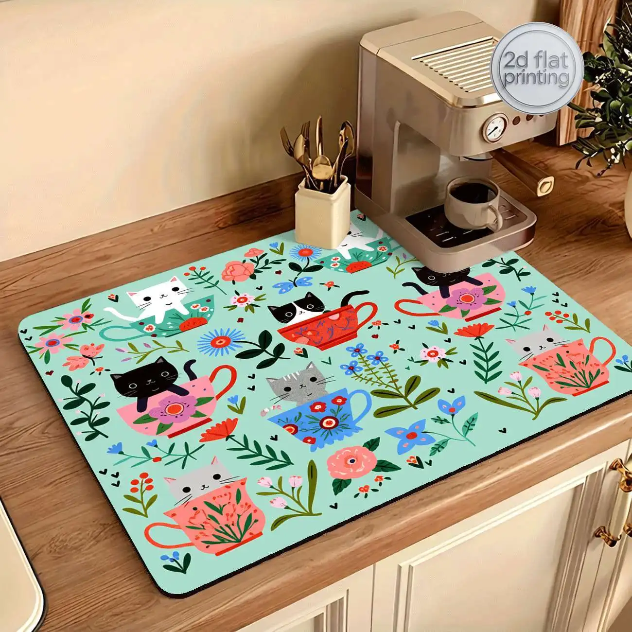 

1pc Non-Slip Quick-Dry Absorbent Kitchen Mat Suitable for Coffee Bar & Sink, Cat Teacup Floral Dish Drying Mat with Non-Slip Bas
