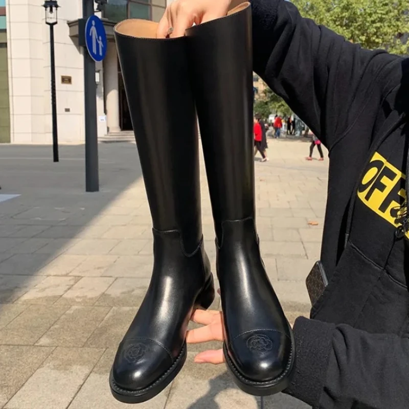 New Retro Women Shoes Luxury Genuine Leather Knee High Boots British Style Knight Boots Designer Street Footwear Botas Mujer