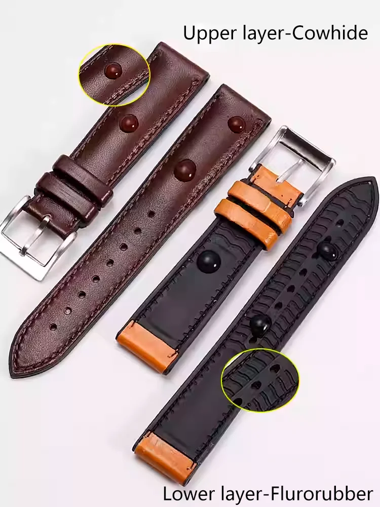 

New style genuine leather + fluororubber comfortable waterproof watch band Tochigi leather watch strap universal watch belt