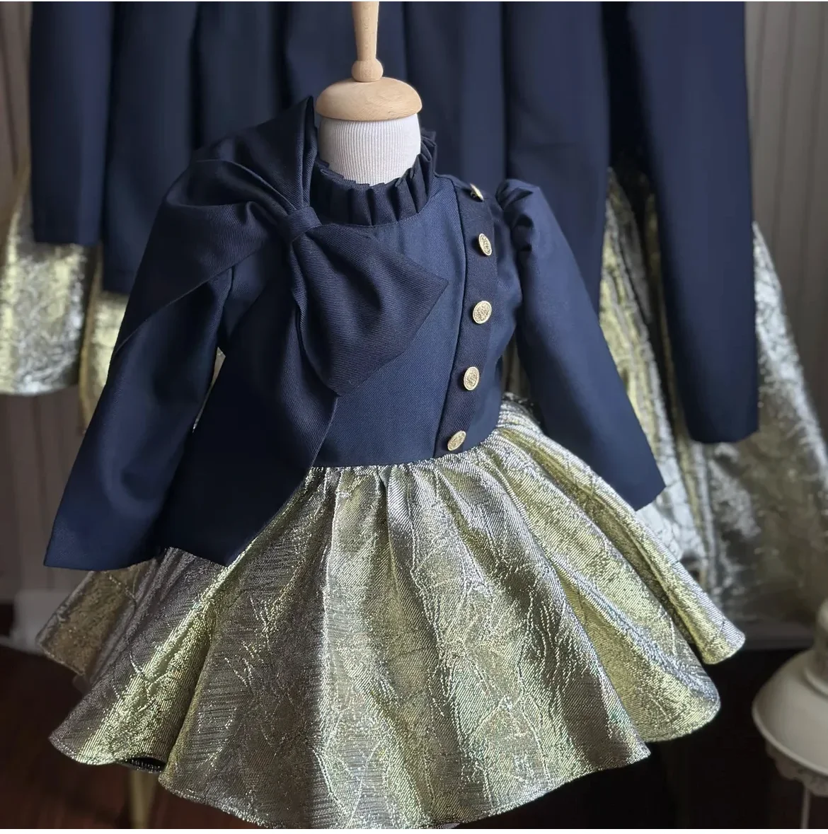 

0-12Y Baby Girl Autumn Navy Blue Turkish Vintage Lolita Princess Ball Gown Dress for Birthday Holiday Eid Photography C41