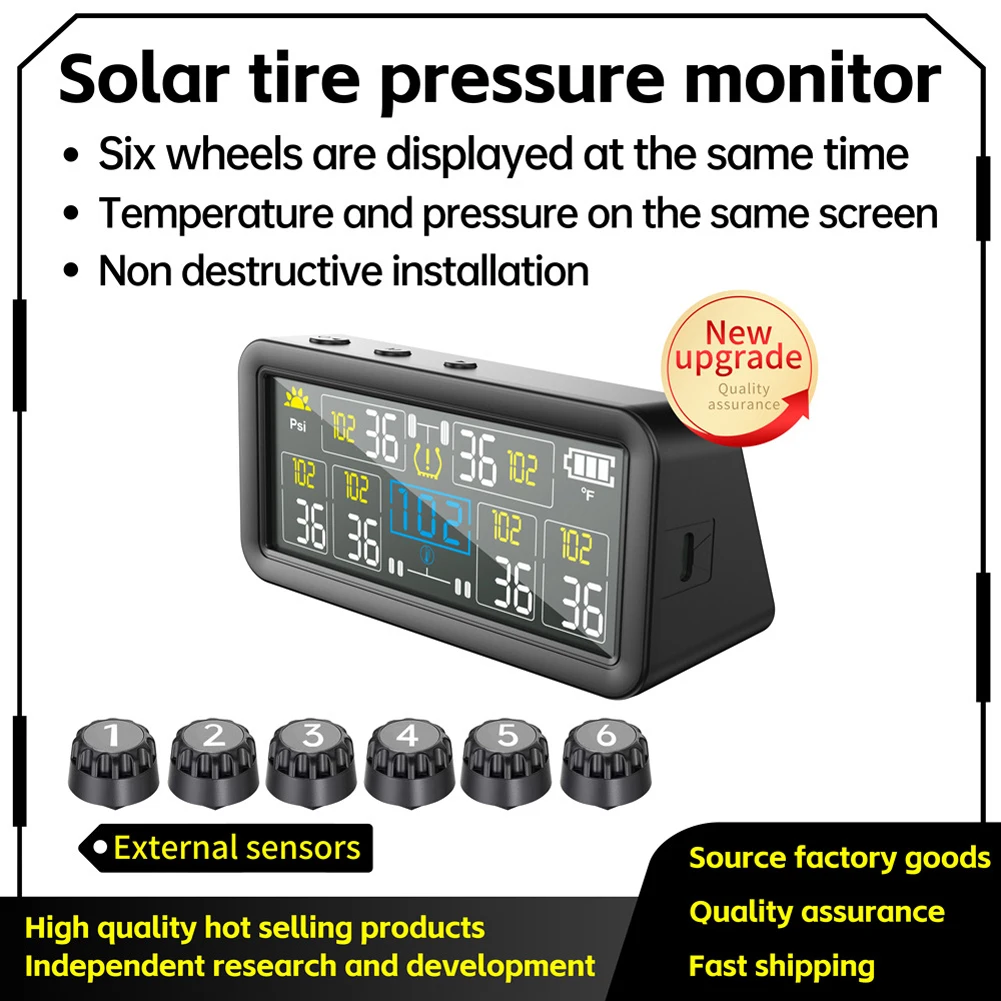 

USB/Solar TPMS with 4/6 External Sensors Tire Pressure Monitor System LCD Display Universal TPMS for RV Sedan SUV Truck