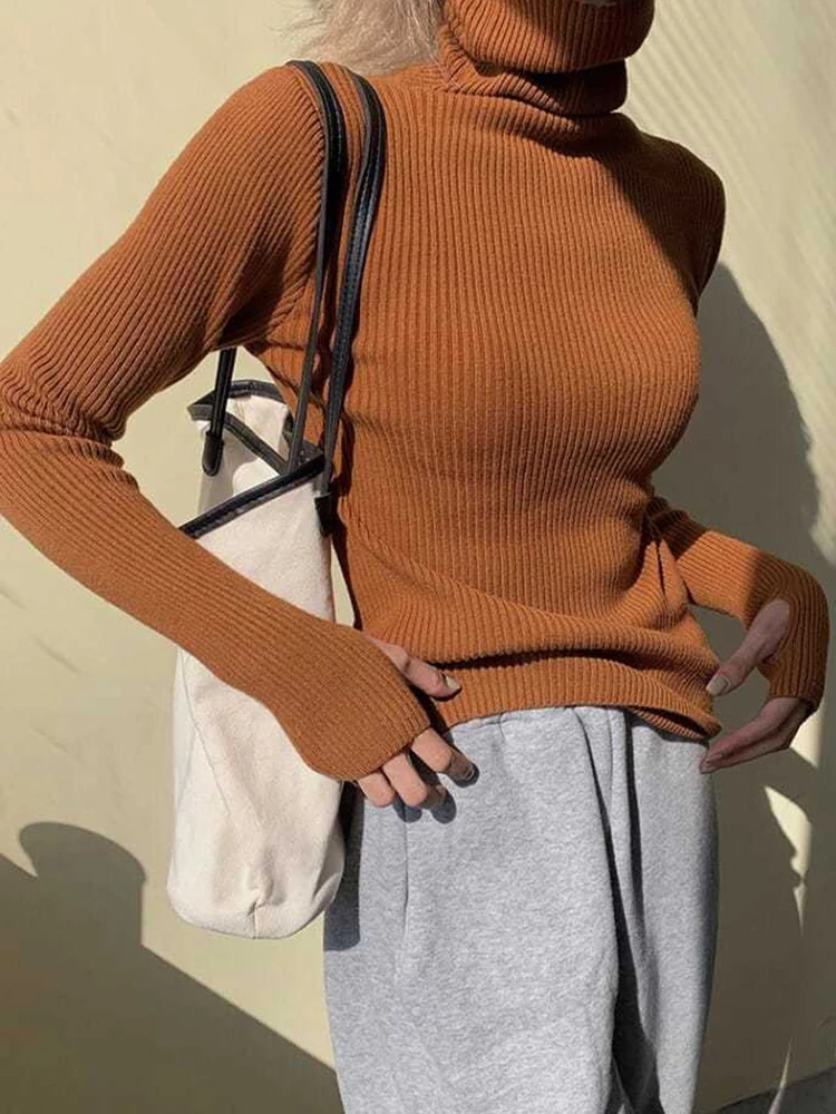 Knitted Sweater Women Korean Version Turtleneck Sweater Winter Solid Color Pullover Slimming Interior Lapping Warm Basic Tops