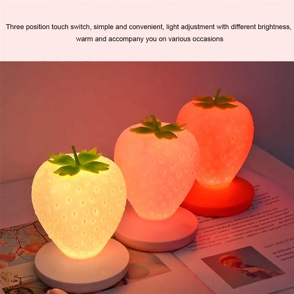 LED Strawberry Night Light Touch Control 1200mAh Replacement Rechargeable Girls Bedroom Lamp Lighting Tool Red