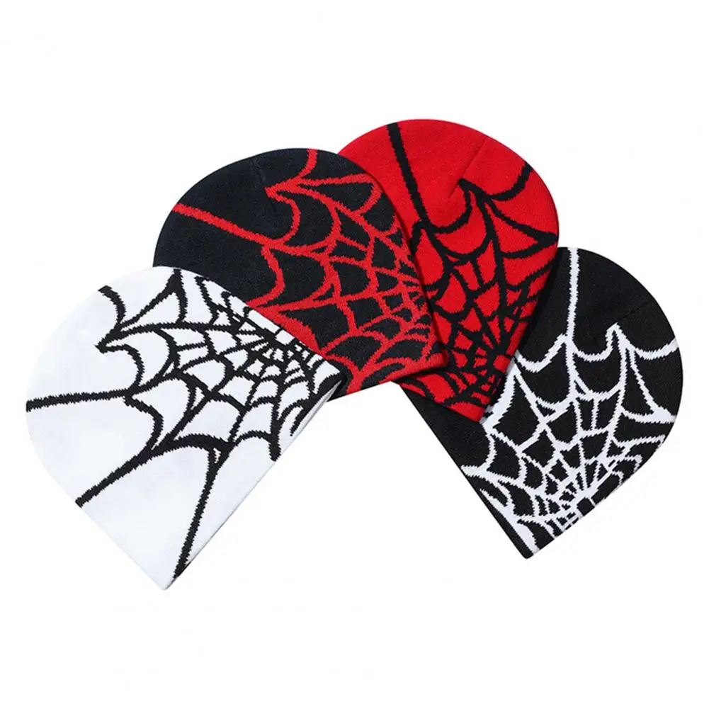 

Knit Hat Spider Web Jacquard Knitted Winter Hat for Unisex Elastic Dome Cap with Contrast Color Brim Weather for Cosplay