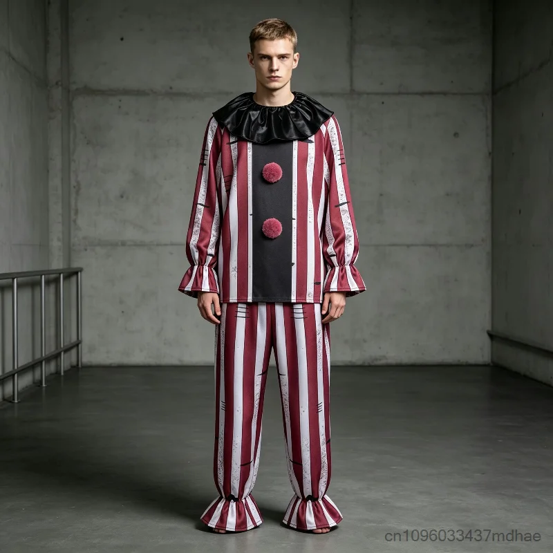 Adult Horror Striped Clown Cosplay Costume Ruffle Sleeve with Black Collar Scary Circus Outfit Halloween Carnival Party Outfits