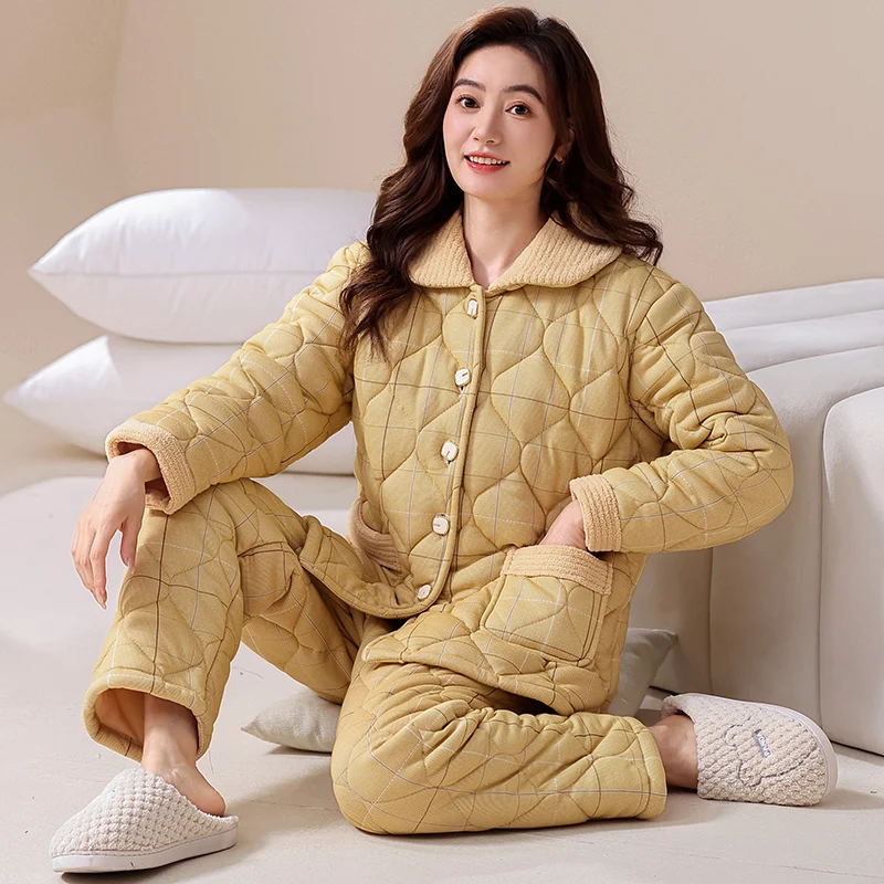 Newest Winter Thick Warm Women Solid Pajamas Set Female Three Layer Clip Cotton Sleepwear