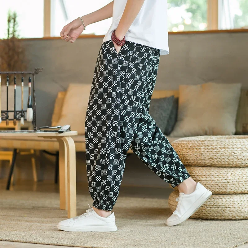 Pop Men Harajuku หลวม Harem กางเกงผู้ชายฤดูร้อน Lattice กางเกงชายหาด Joggers กางเกงชายวินเทจสไตล์จีนกางเกง