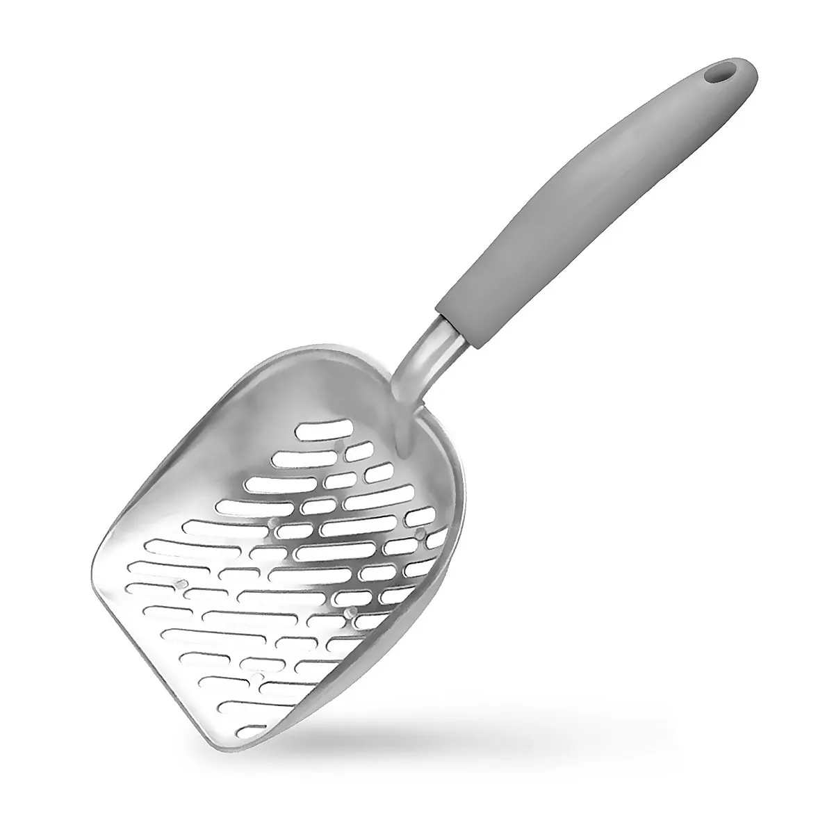 Heavy Duty Metal Cat Litter Scoop Long Handle Comfort Grip Non Bend Non Rust Scooper for Clumping Crystal Pellet Litter Grey