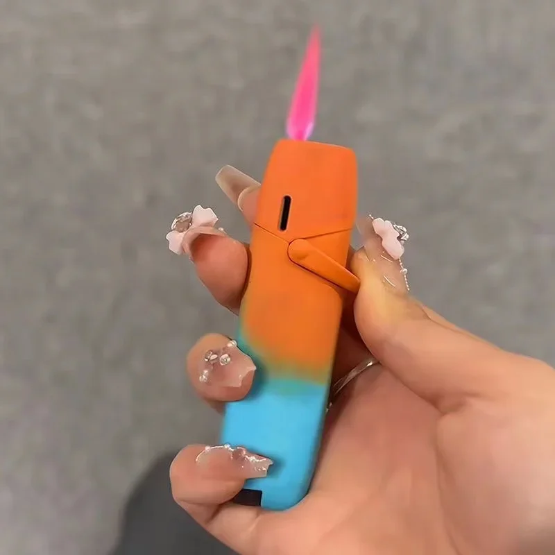 Metal Joystick Gradient Inflatable Lighter Outdoor Windproof Pink Flame Jet Butane Gas Lighter for Men and Women Smoking Gift