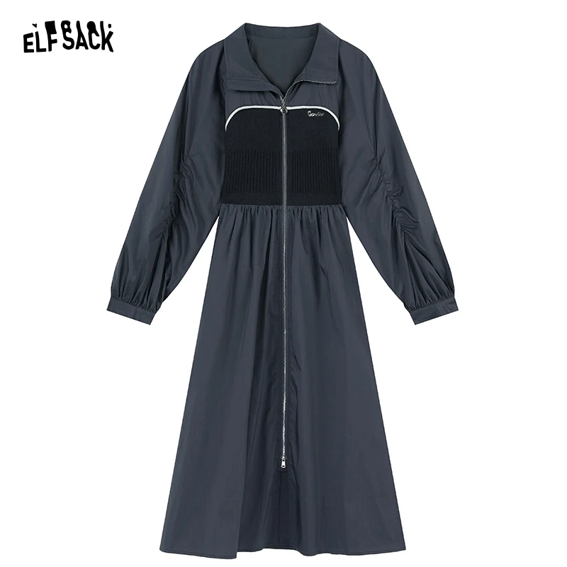 ELFSACK American style street style contrast long sleeve dress workwear style for women 2024 spring lapel zipper mid long length