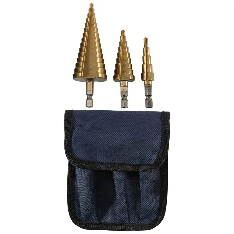 

A92P 3Pc Hss Step Cone Taper Drill Bit Set Hole Cutter Metric 4-12/20/32Mm 1/4 Inch Titanium Coated Metal Hex Bits
