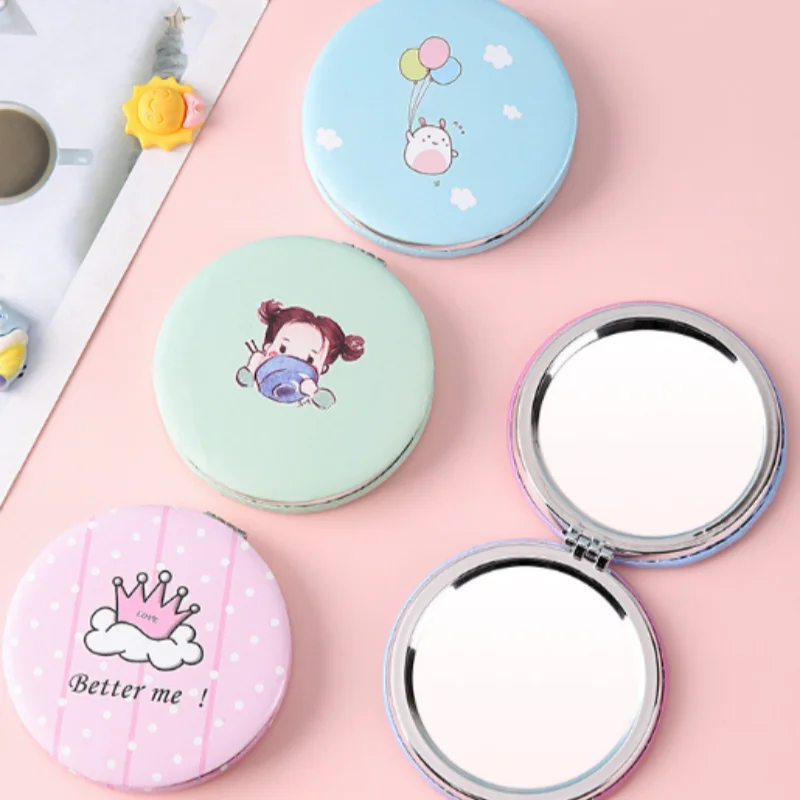 Cute Round Cartoon Mirror, Flip-Design Compact Mirror for Purse Travel Makeup, Portable Folding Handheld Mirror