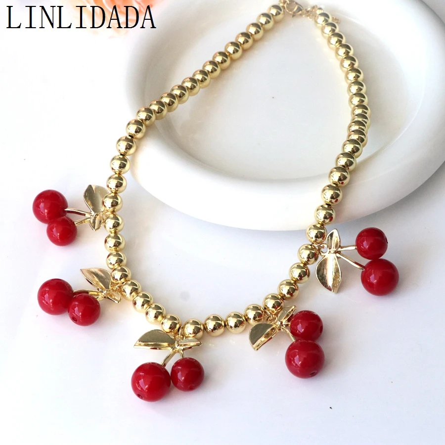 5Pcs 2024 New Fashion red Cherry Pendant Choker Necklace for Women Girls Elegant Round Beads Chain Banquet Party Jewelry