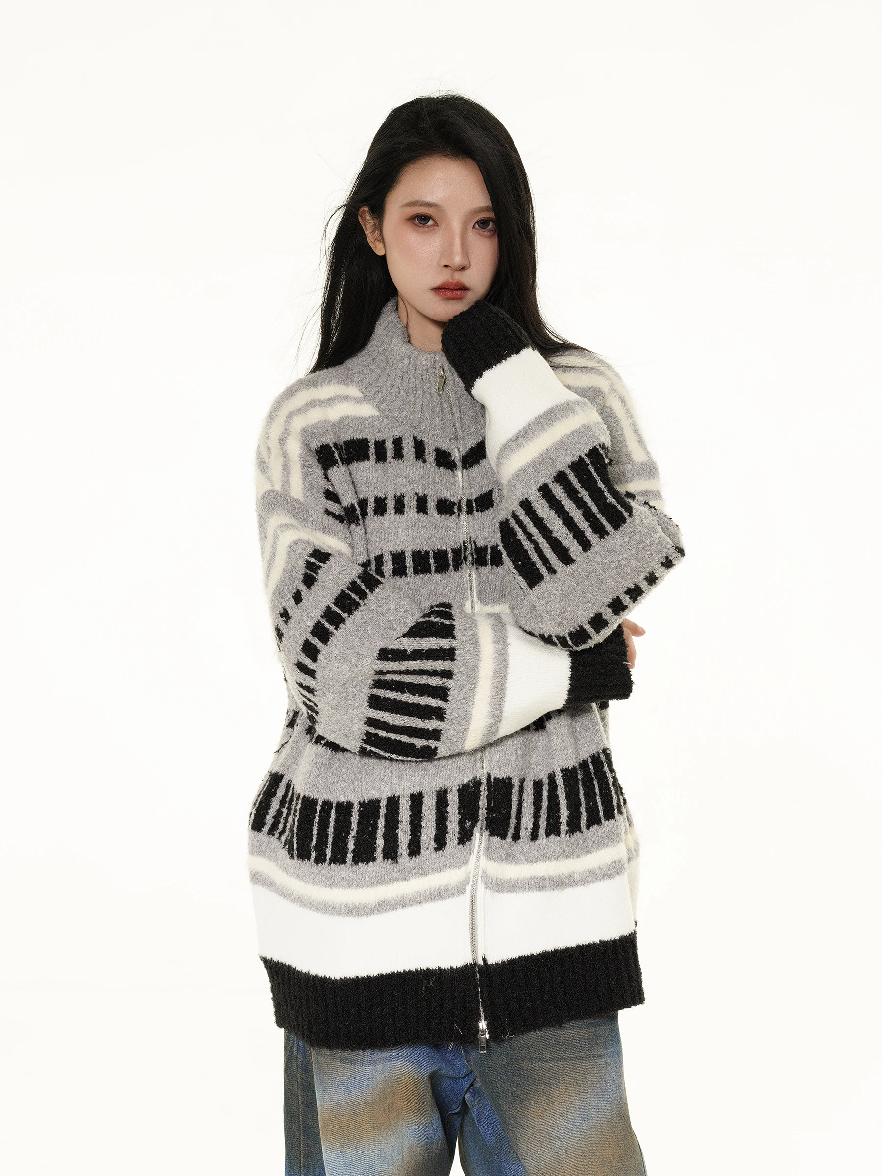 

Ретро-кардиган в американском стиле с цветными блоками, свободный вязаный свитер для мужчин, повседневная верхняя одежда, модное зимнее пальто для женщин