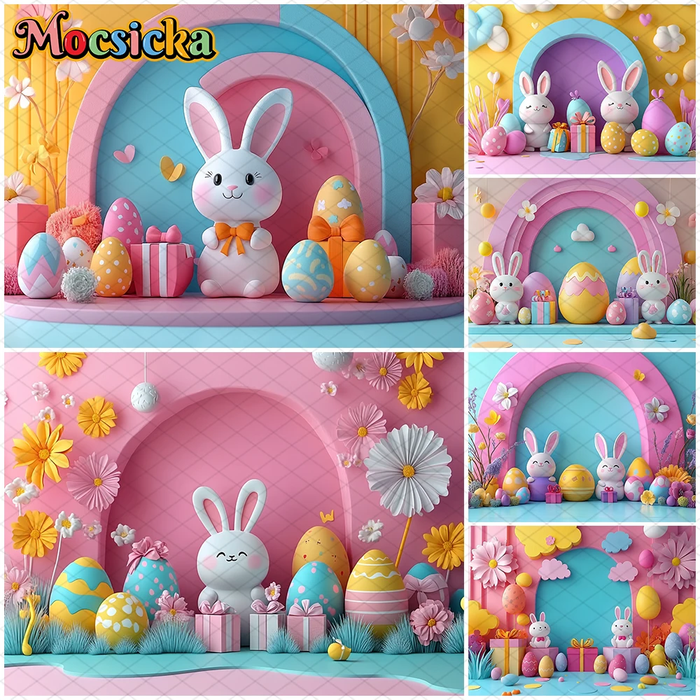 

Mocsicka Easter Egg Photography Background Baby Shower Birthday Party Backdrop Rabbit Flowers Pattern Decors Props Studio Banner