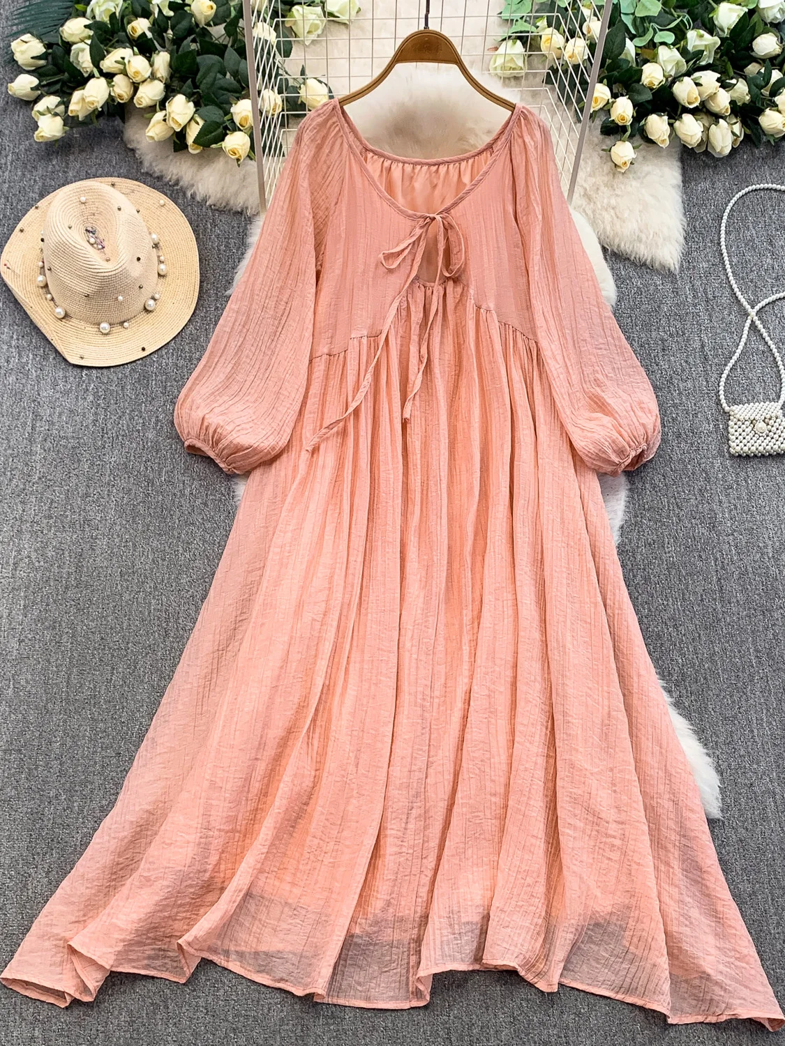 

Casual Sexy round Ne Long Dr Women's Autumn Winter plus Size Loose Belly Concealing Asymmetrical Pleated A-Line Dr