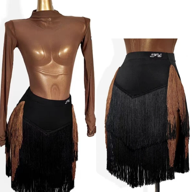 Latin Dance Suit Coffee Colored Mesh Jumpsuit Tassel Skirt National Standard Dance Practice Suit ADL130
