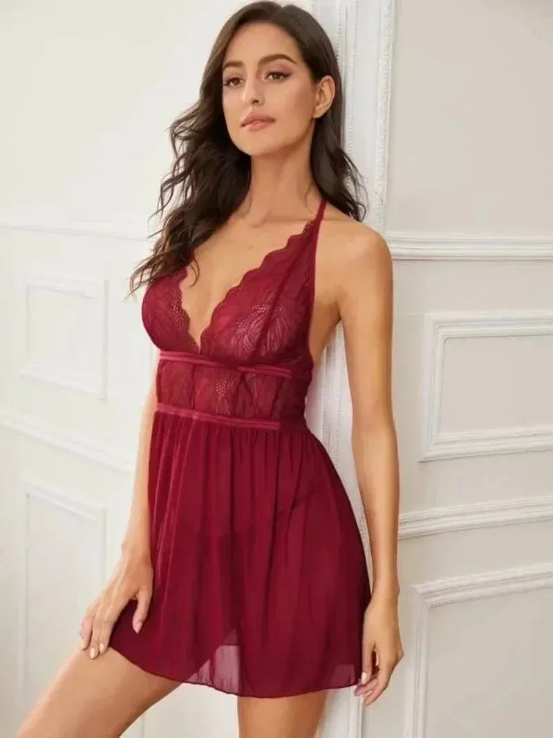 Fashion Womens Dresses Sexy Lingеrie Nightgowns Neck Strap Night Dress Women's Pajamas Dress Sexy Backless Silk Lace Sleep Dress