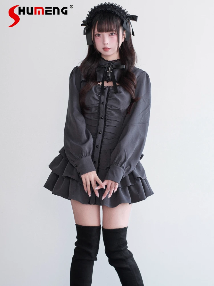 Original japonês minas estilo subcultura produzido em massa gola manga longa único breasted vestido shorts conjunto de duas peças feminino